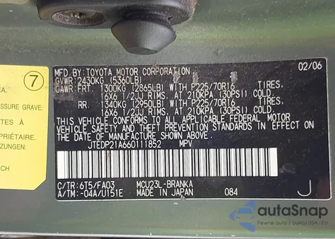 2006 Toyota Highlander V6 z USA, uszkodzony, nr VIN JTEDP21A660111852